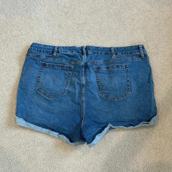 Torrid Medium Wash Indigo Mid Rise Cut Off Denim Shorts Distressed Raw Hem 24 - Picture 3 of 7